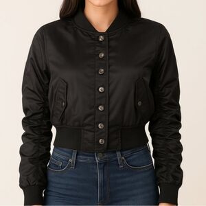 Choosy Black Satin Bomber Jacket  With Ruched Sleeves NWT Size 18 $160